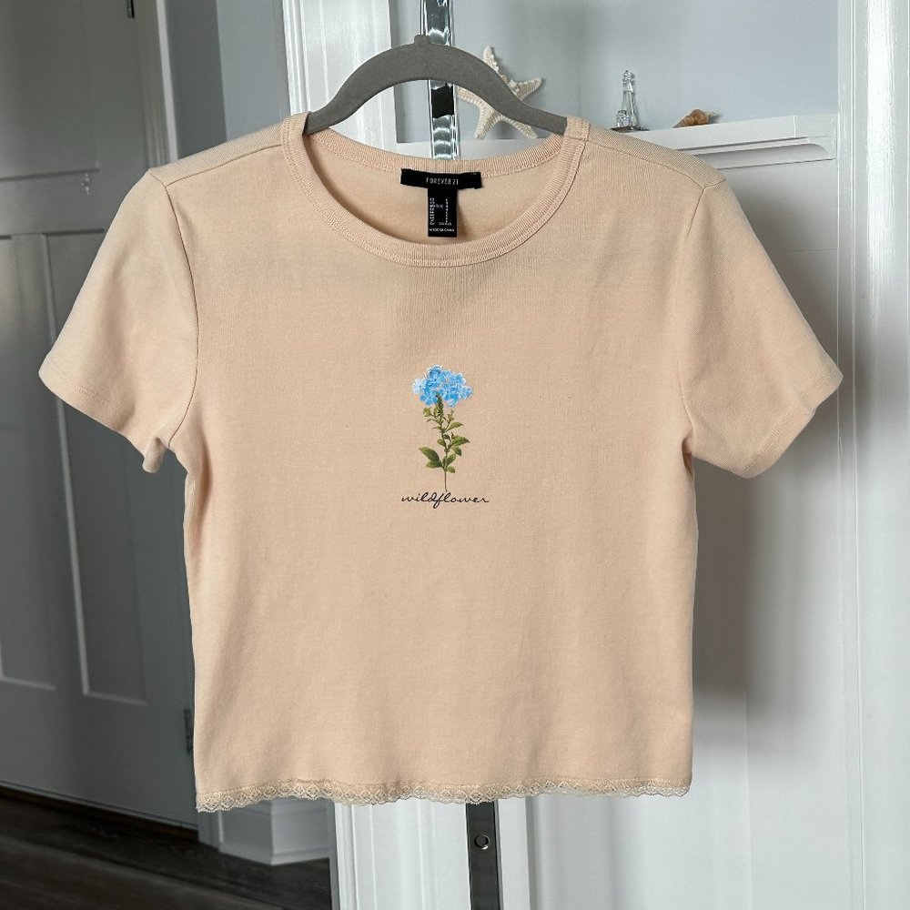 Forever 21 Sz L Adorable Crop Top Tee T-Shirt w Flower Print "Wildflower"